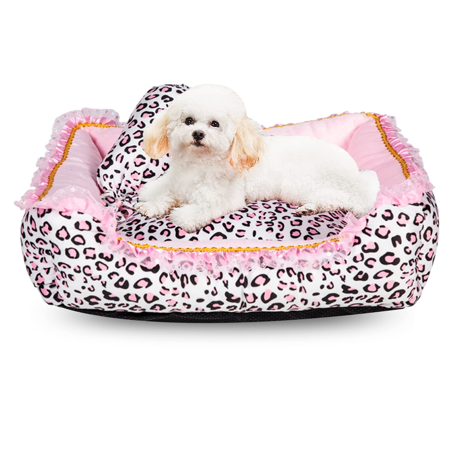 Gigreinc lit chien petit en peluche rose leopard, confort doux pour sieste confortable