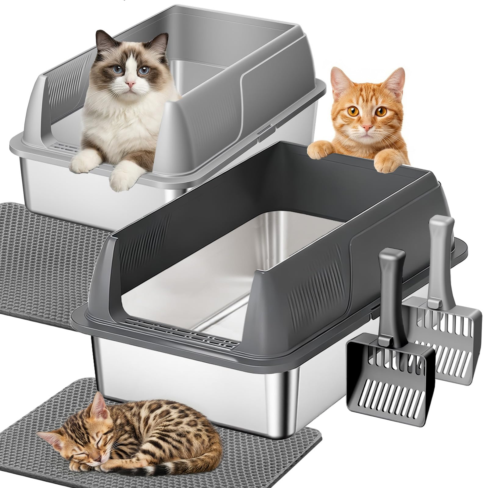 Gimars boîtes litière inox XL, espace généreux pour grands chats.