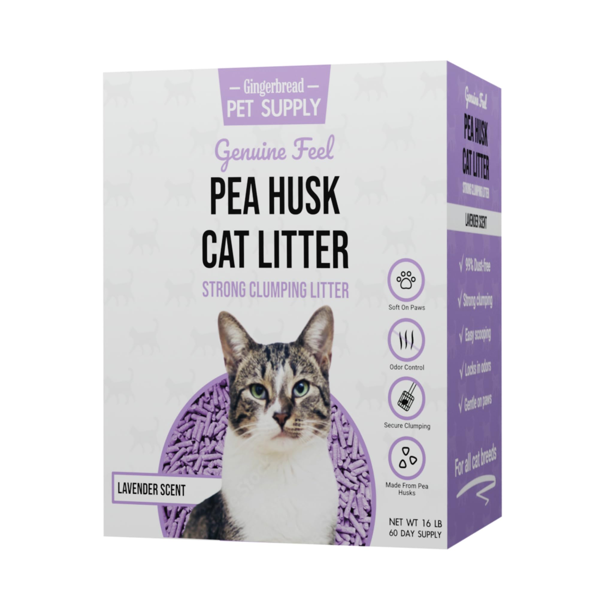 Litière Gingerbread Pet Supply parfum Lavande, sachet illustrant l effet parfumé et l absorption.