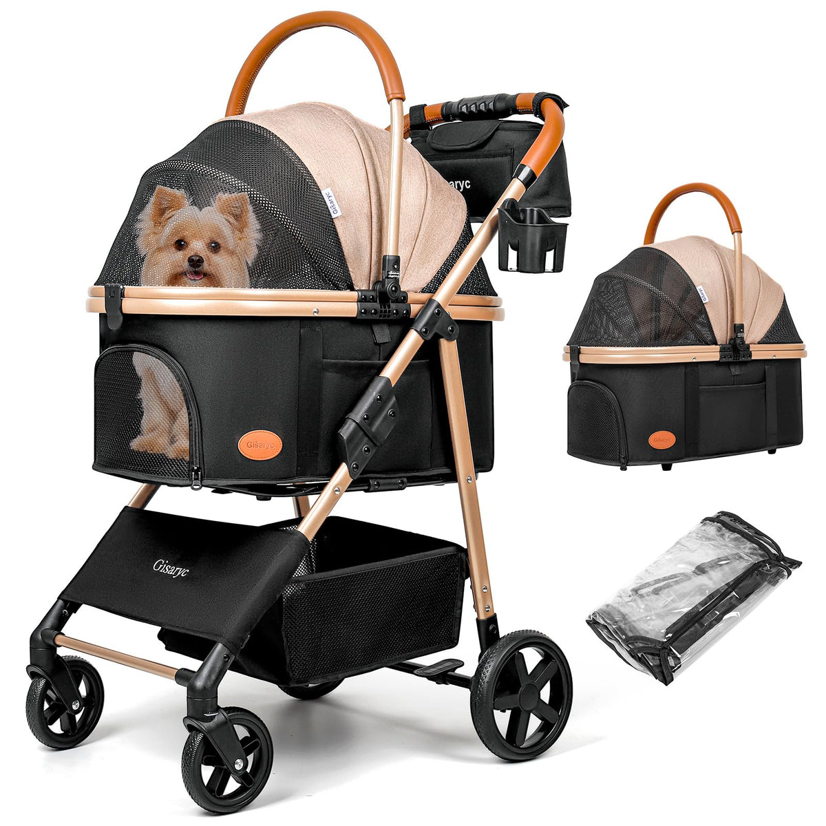 Poussette Gisaryc pour animaux, face avant, maniable sur surfaces variées.
