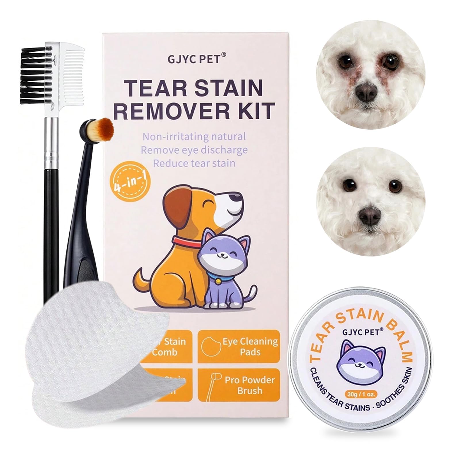 GJYC PET Eye Lube Plus kit complet 4 en 1 pour nettoyer les yeux des chiens et chats.