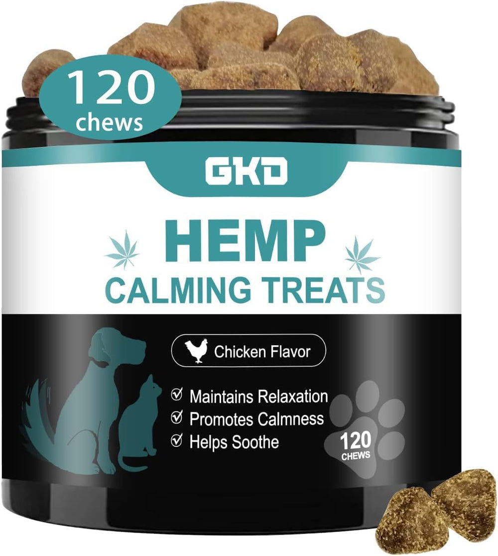 GKD Hemp Calming Chews – bouteille, aide à apaiser les chiens après un orage.