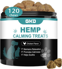 GKD Hemp Calming Chews – bouteille, aide à apaiser les chiens après un orage.