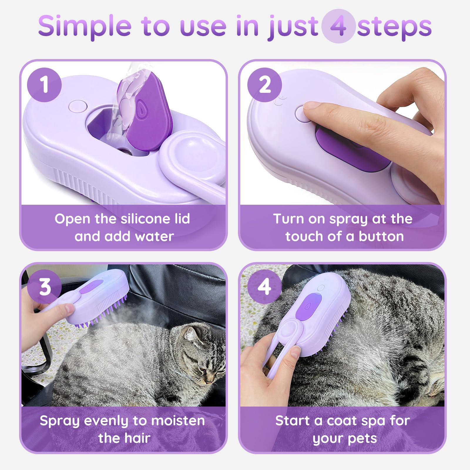 GKZ Cat Steam Brush montrant le massage relaxant pendant le brossage