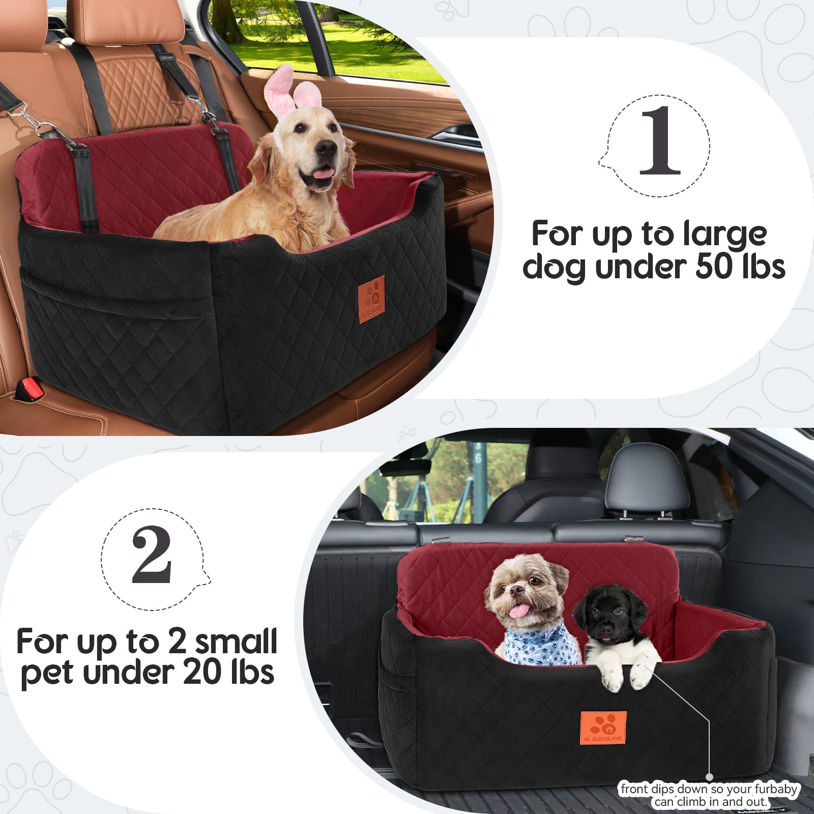 GL GLENSLAVE siège-chien-boosteur-voiture rouge 04, adapté pour deux petits chiens en voyage.