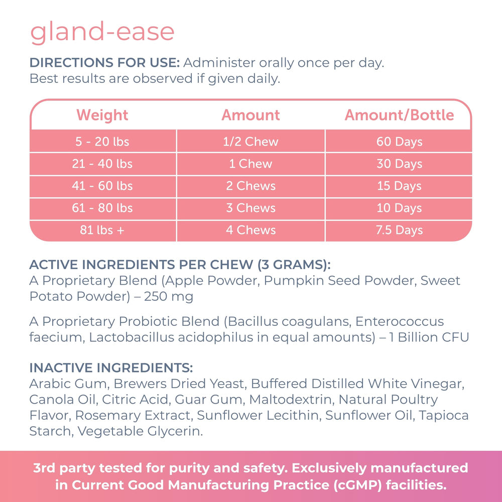 Gland-Ease friables à mâcher, goût agréable et facile.