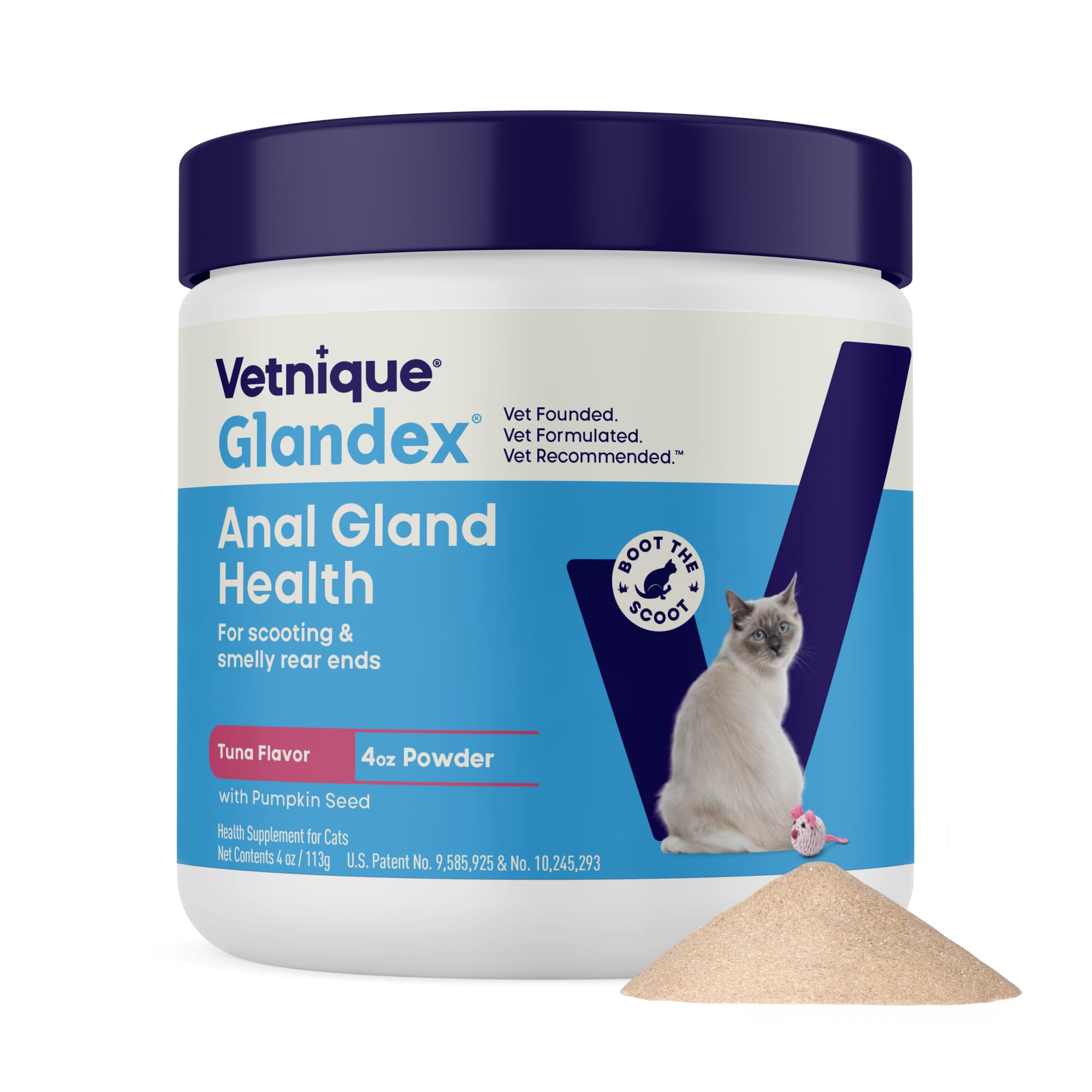 Glandex chat poudre tuna : soutien digestif et glandes anales.