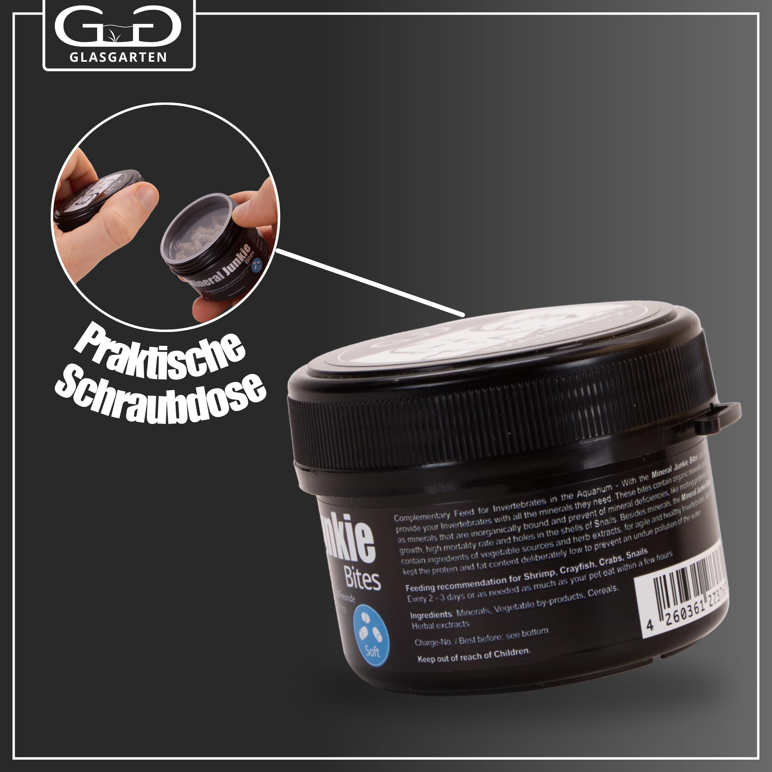 GlasGarten Mineral Junkie Bites – bâtonnets crabes, soutien minéral pour carapace robuste.