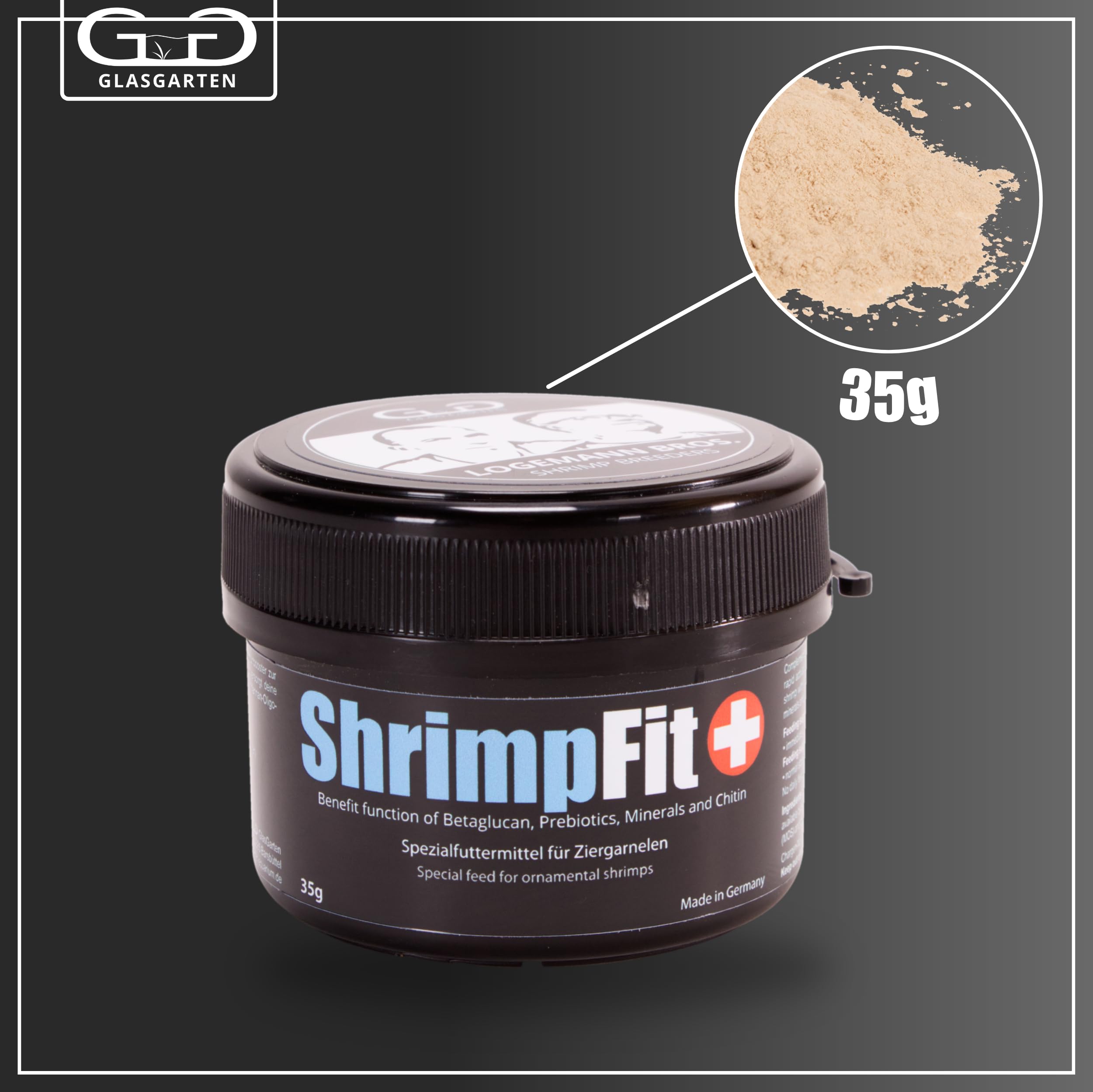 ShrimpFit étiquette GlasGarten : emballage clair facilitant l'alimentation.
