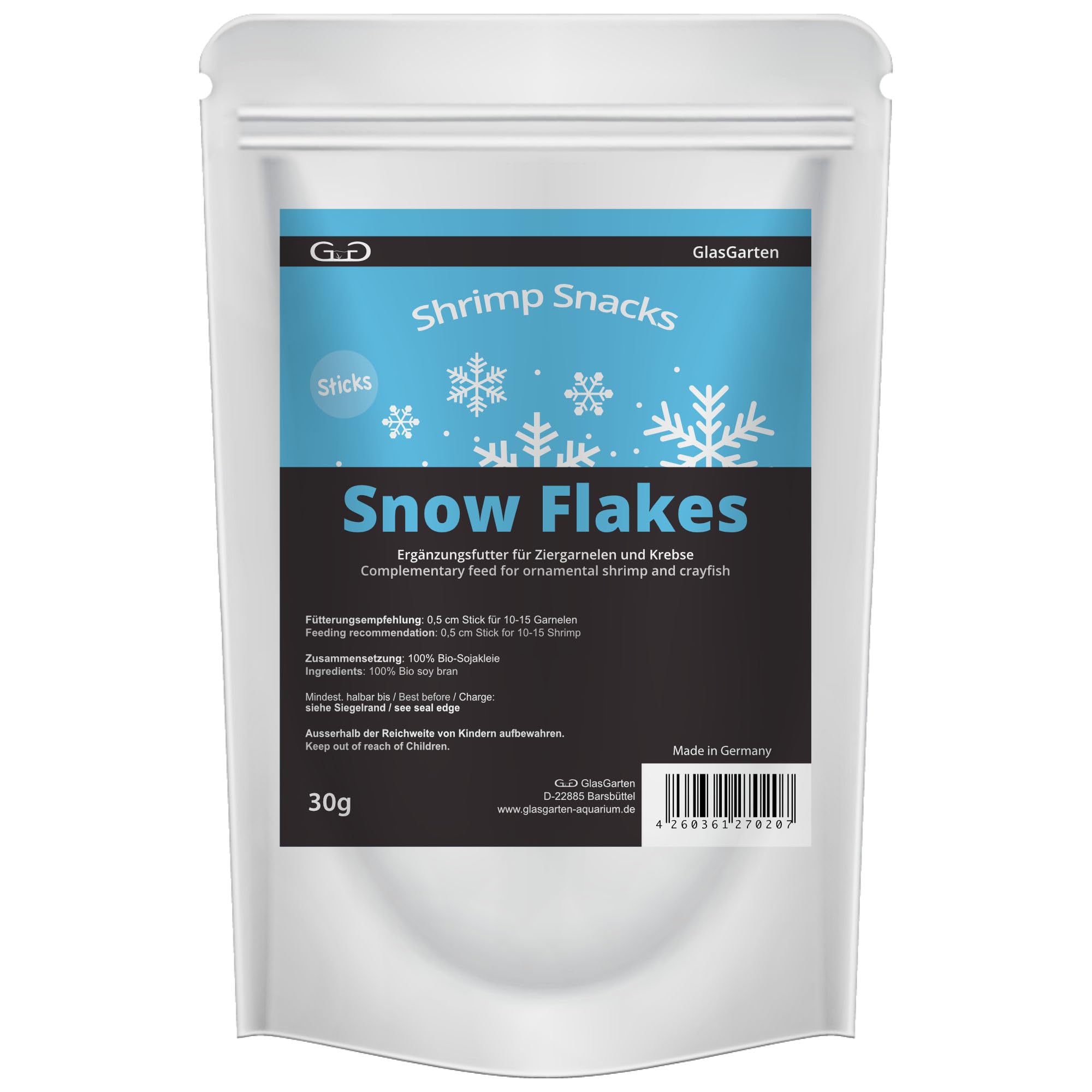GlasGarten Flocons neige 30 g : paquet prêt pour nourrir les crevettes.