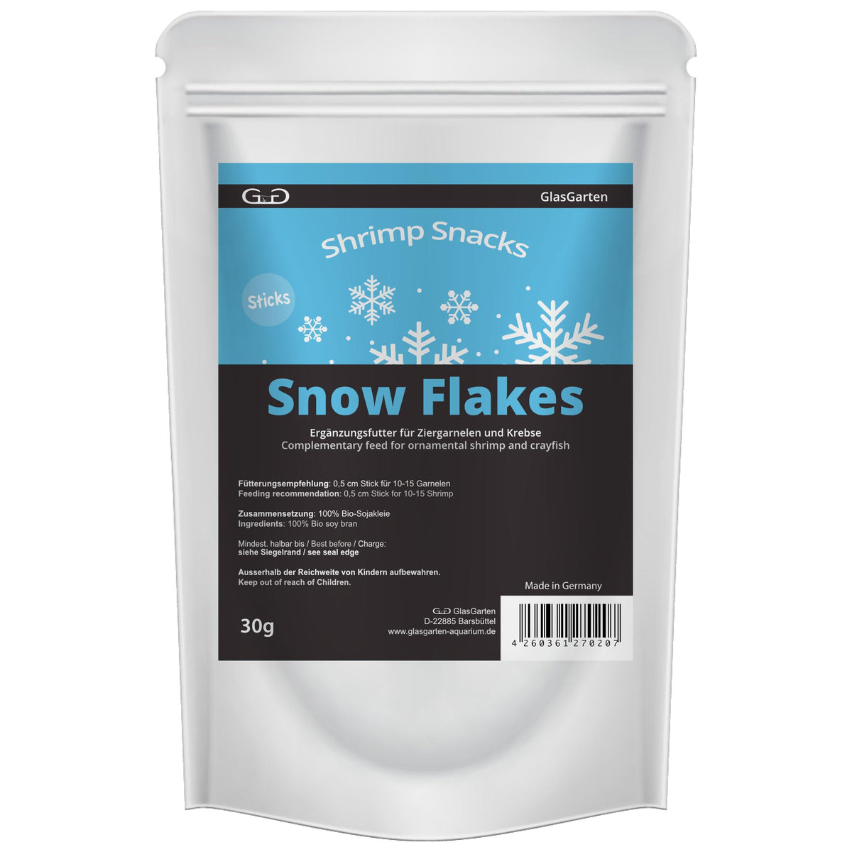 GlasGarten Flocons neige 30 g : paquet prêt pour nourrir les crevettes.