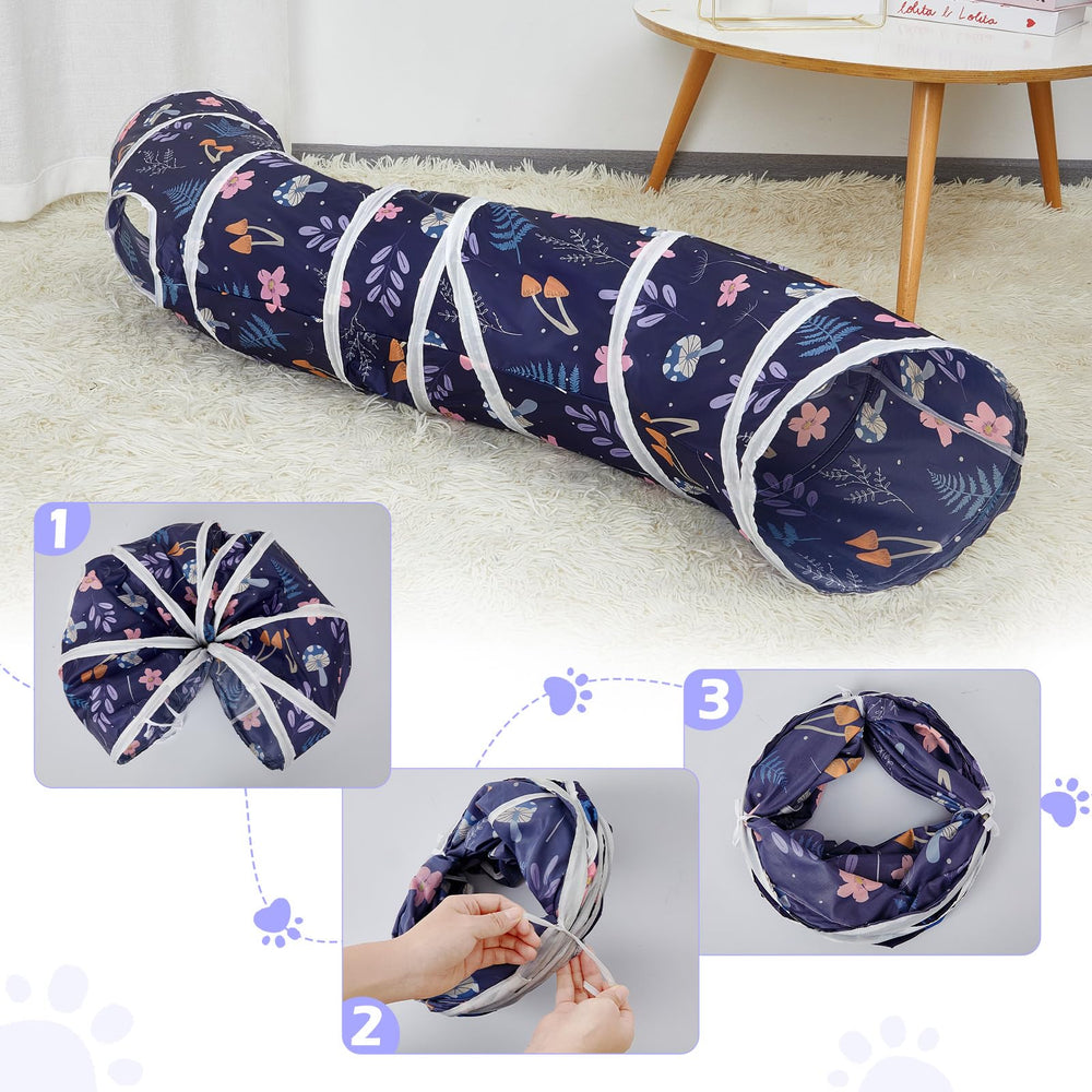 Glittme tunnel chat, structure polyester avec anneaux metalliques pour durabilité.