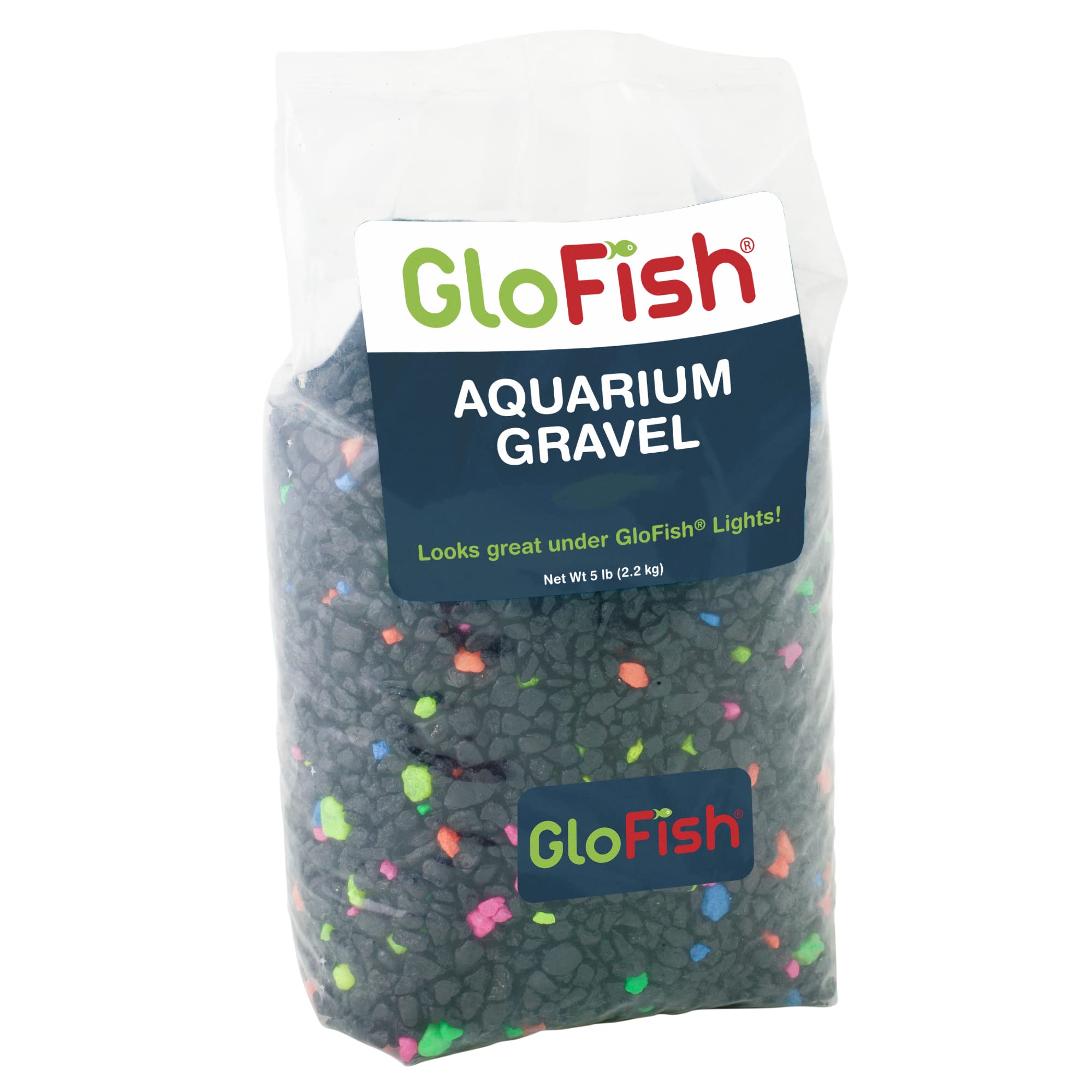 GloFish gravier noir avec accents fluorescents pour un décor lumineux.