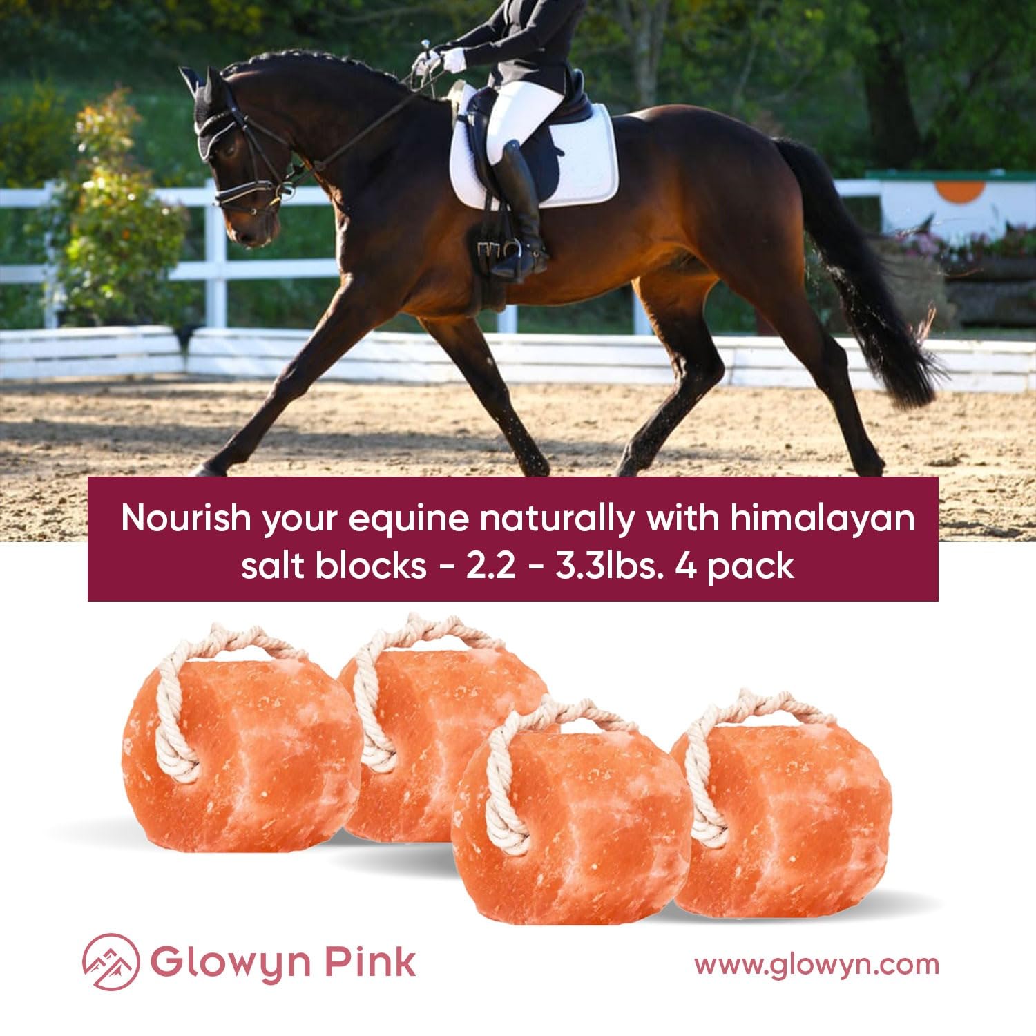 Glowyn Pink bloc sel Himalayen sur corde installé dans un enclos pour chevaux.