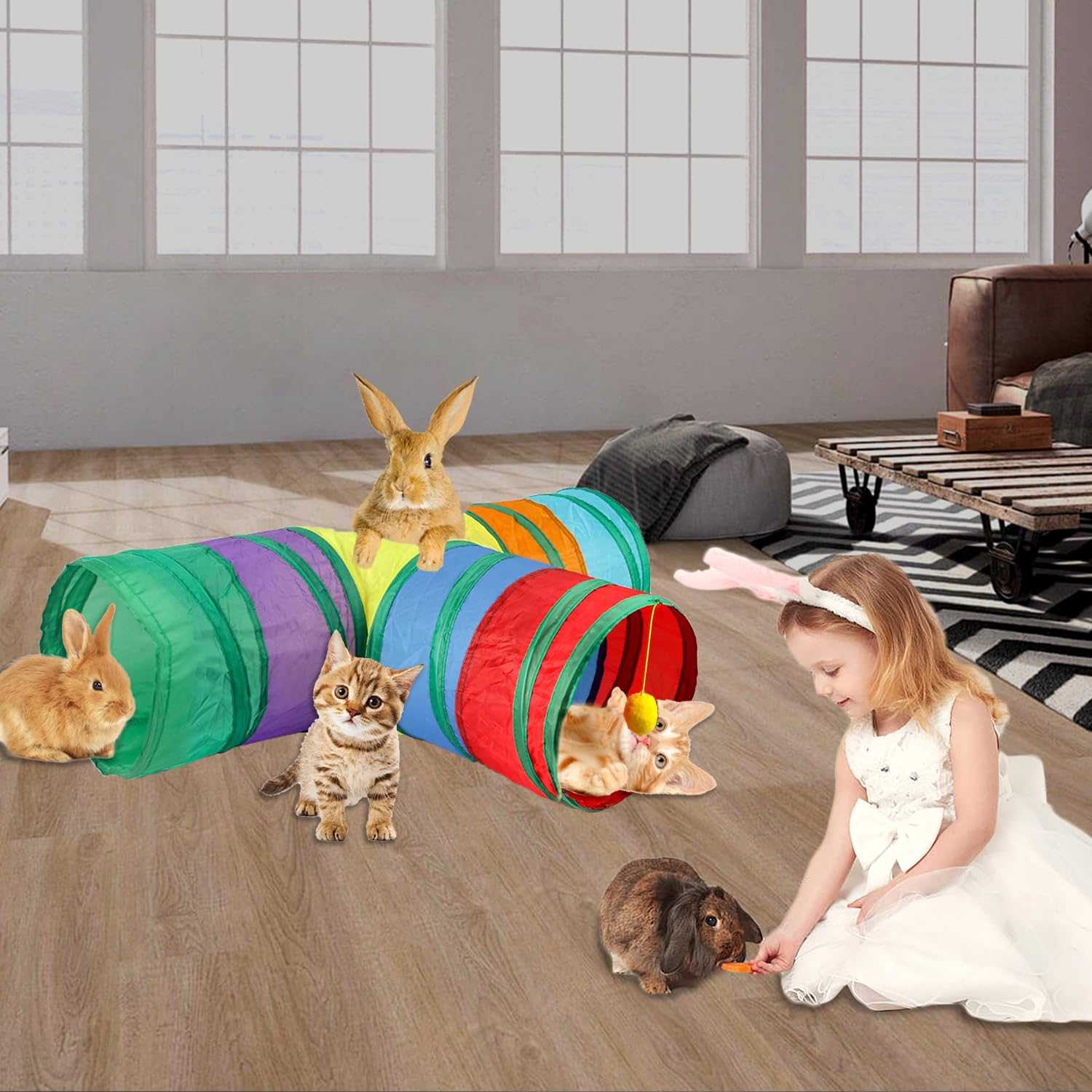 Activité quotidienne avec tunnel lapin GNB PET, cachette et repos sécurisés.