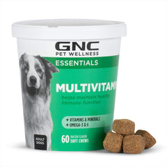 GNC Pets Essentials: boîte de 60 bouchées multivitamines pour chien, pratique au quotidien.