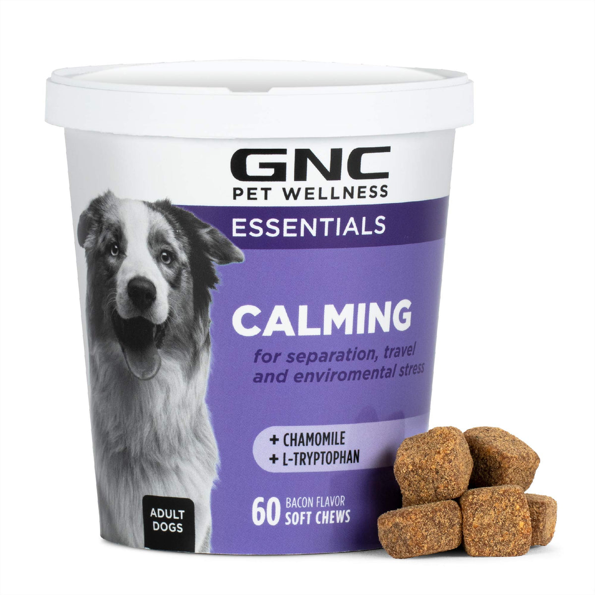 Pot apaisant GNC Pets Essentials pour chiens, rangement pratique.