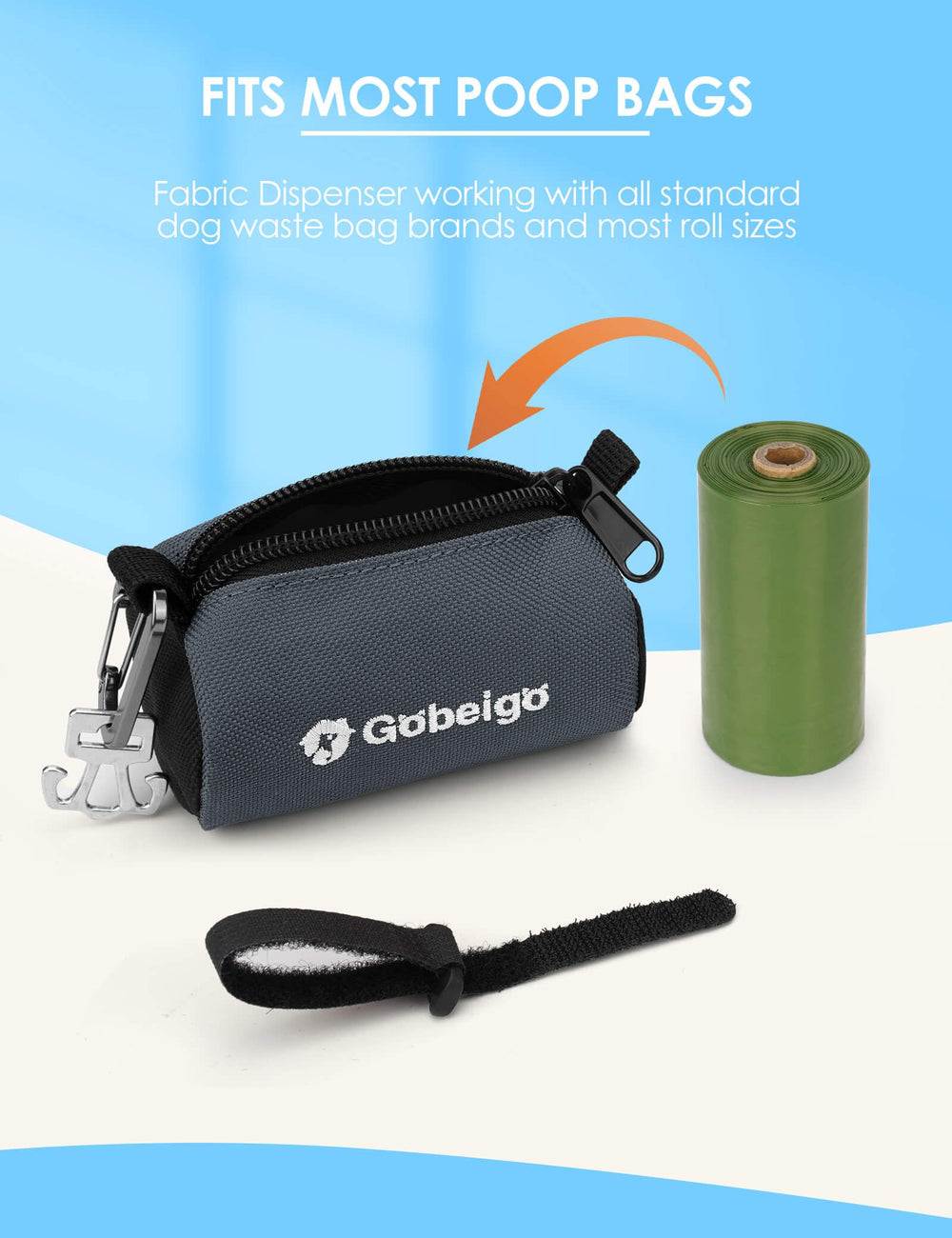 Gobeigo: accessoires inclus, clip métallique et attache auto-agrippante, fixation fiable.