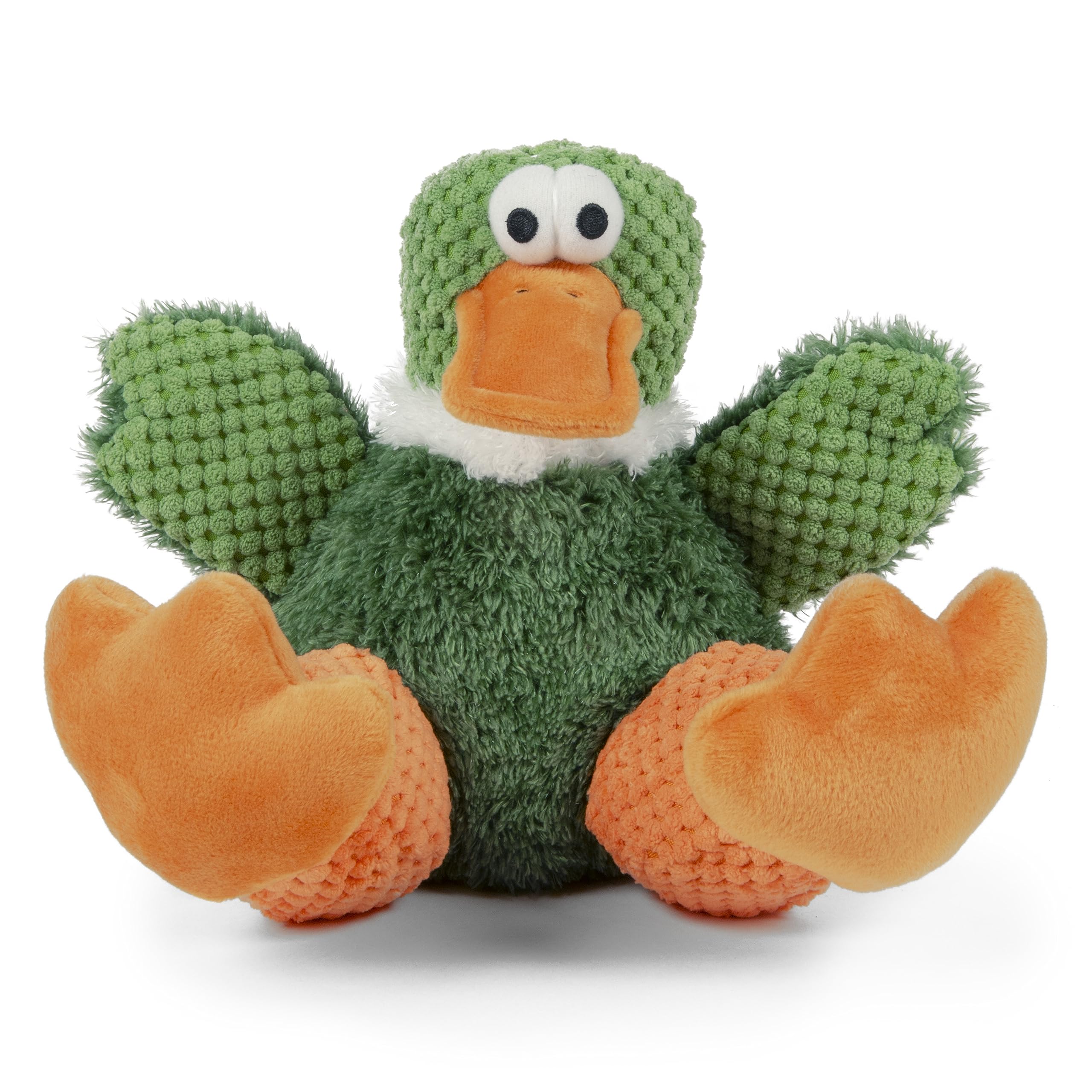 Le canard assis de GoDog Checkers, peluche verte douce idéale pour câlins.
