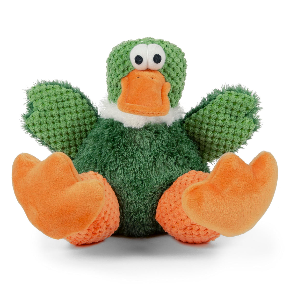Le canard assis de GoDog Checkers, peluche verte douce idéale pour câlins.