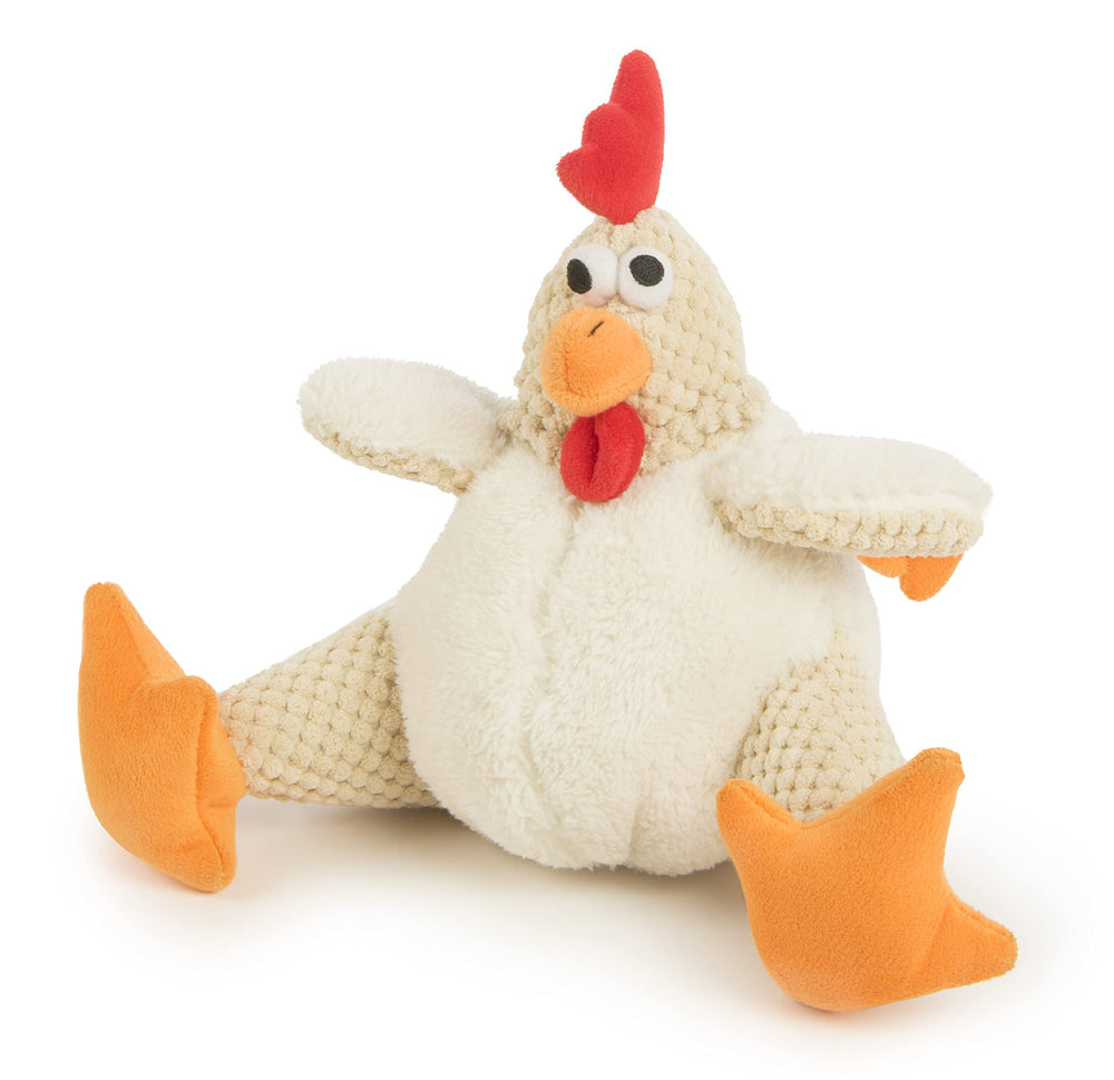 Détails des coutures renforcées sur le jouet GoDog Checkers Fat Rooster.