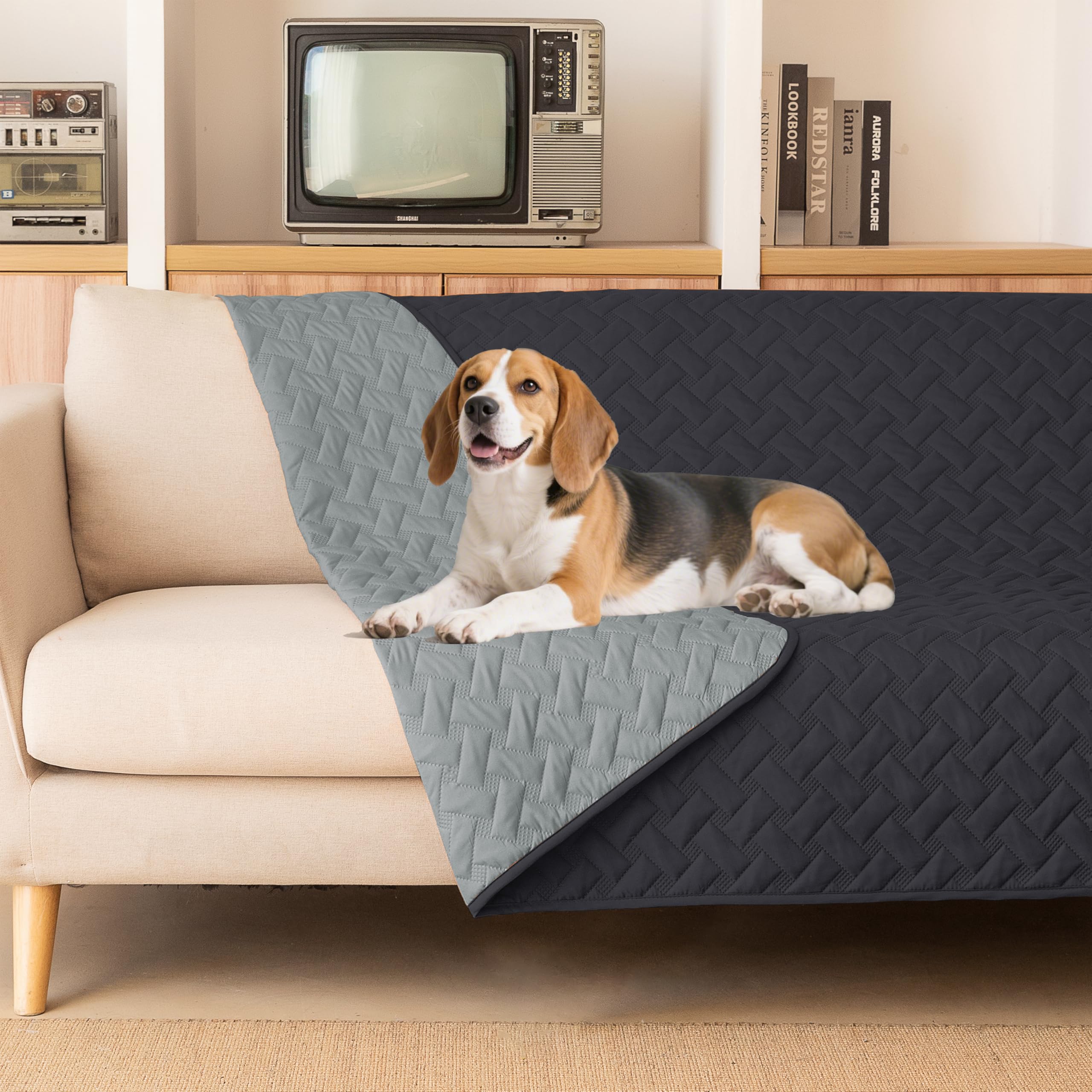 Couverture chien gogobunny imperméable double-face protégeant le canapé et offrant du confort.