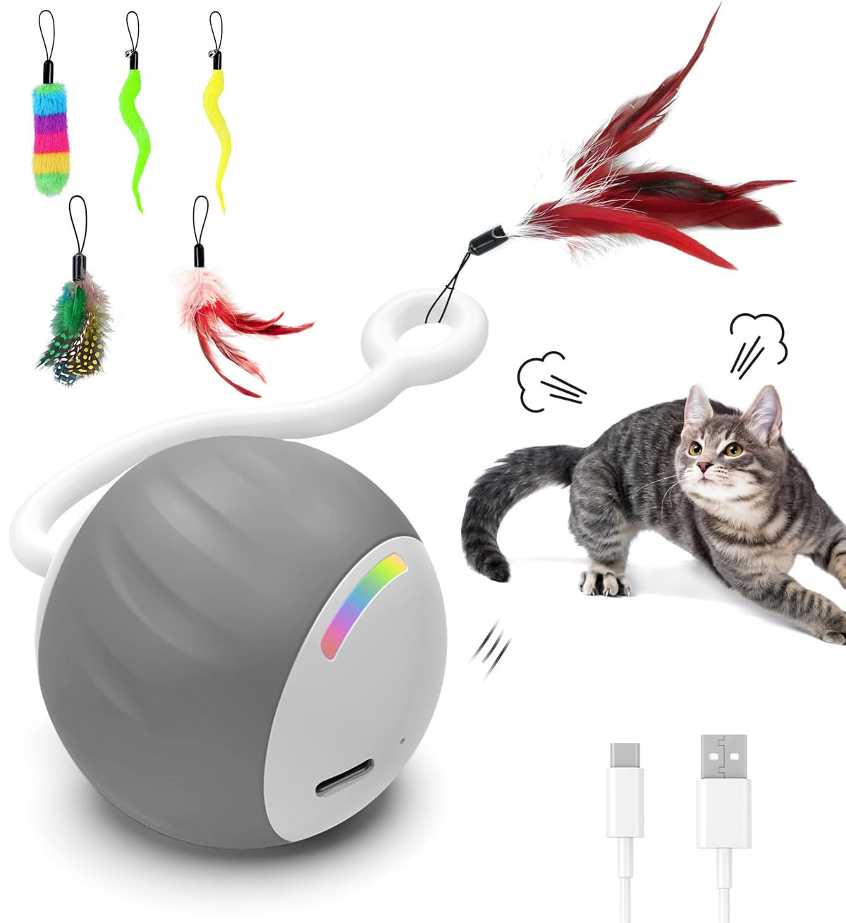 Jouet Gogodogya pour chat avec balle interactive, LED et plumes.