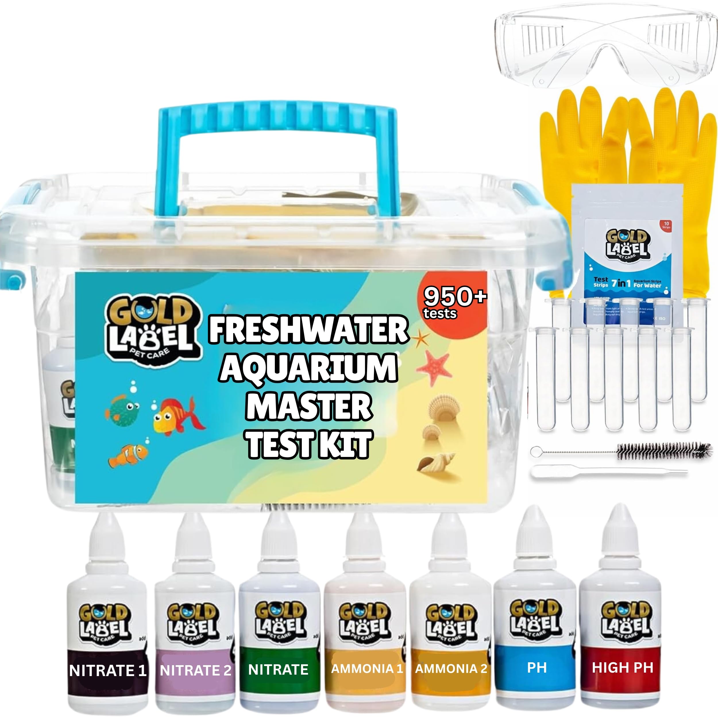 Kit Master Test GOLD LABEL PET CARE avec flacons précis pour surveiller pH et nitrites.