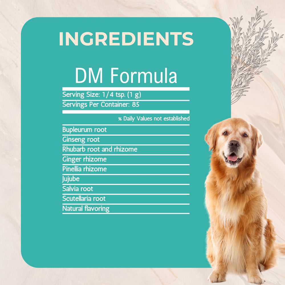 Le dosage Gold Standard Herbs DM Formula guide selon le poids du chien et facilite l’administration.