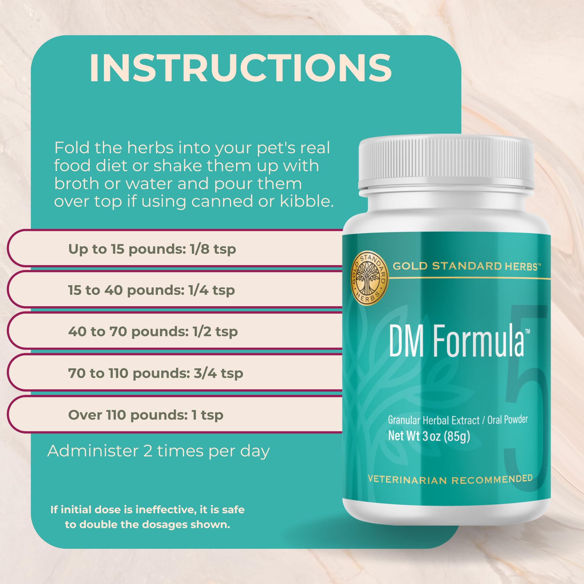 DM Formula Gold Standard Herbs, étiquette lisible pour le protocole quotidien.