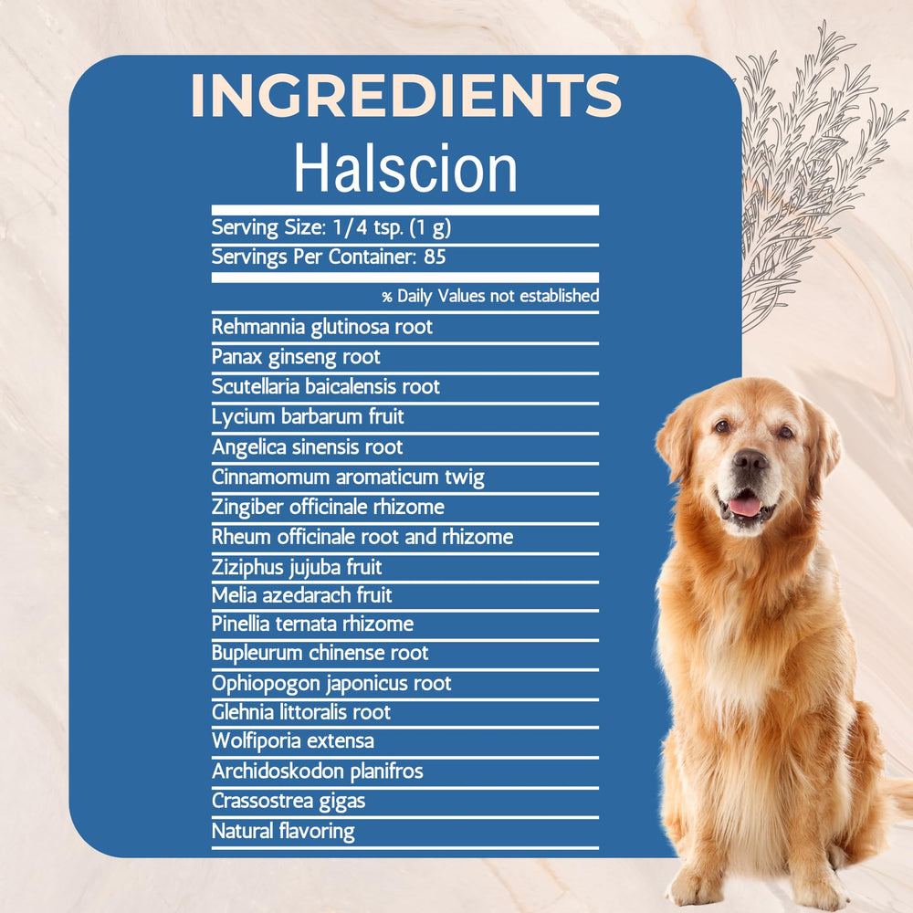 Étiquette Halscion et emballage affichant des ingrédients naturels et le logo.