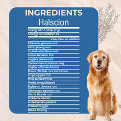 Étiquette Halscion et emballage affichant des ingrédients naturels et le logo.