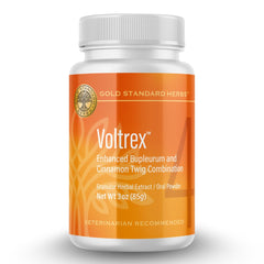 Voltrex Gold Standard Herbs, bouteille et poudre versée pour le dosage des articulations.
