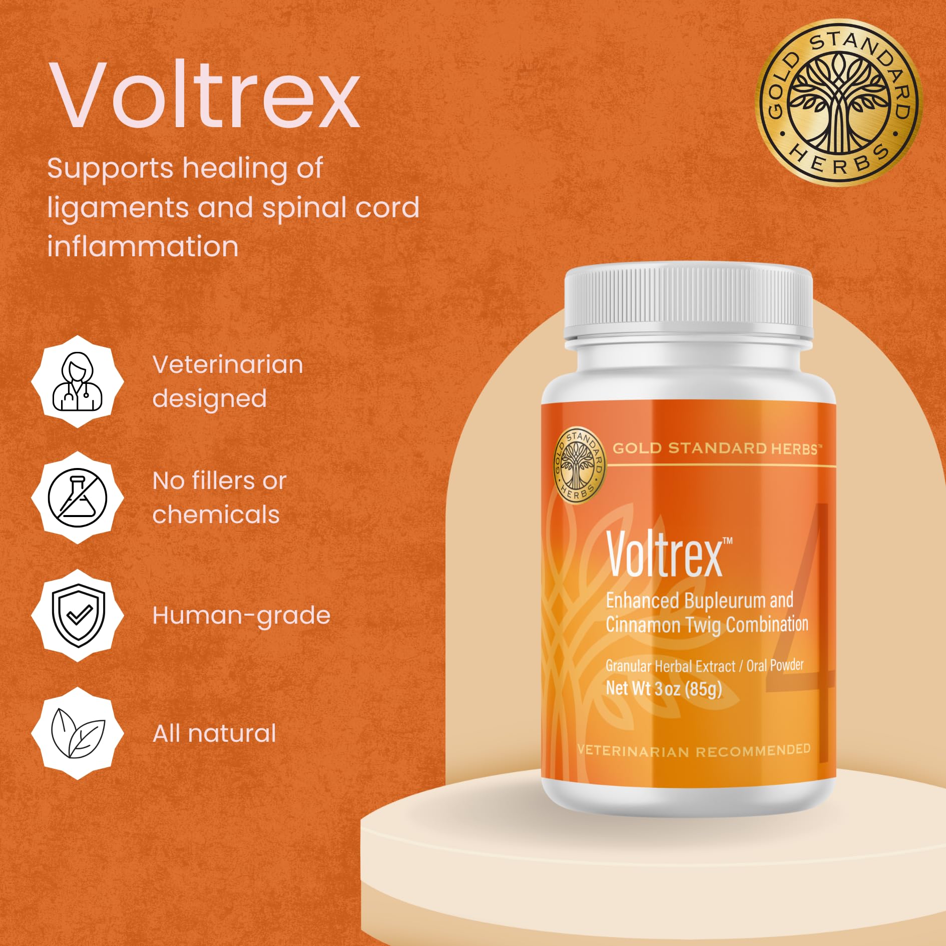 Voltrex étiquette sur le flacon indiquant une formule naturelle pour chiens.