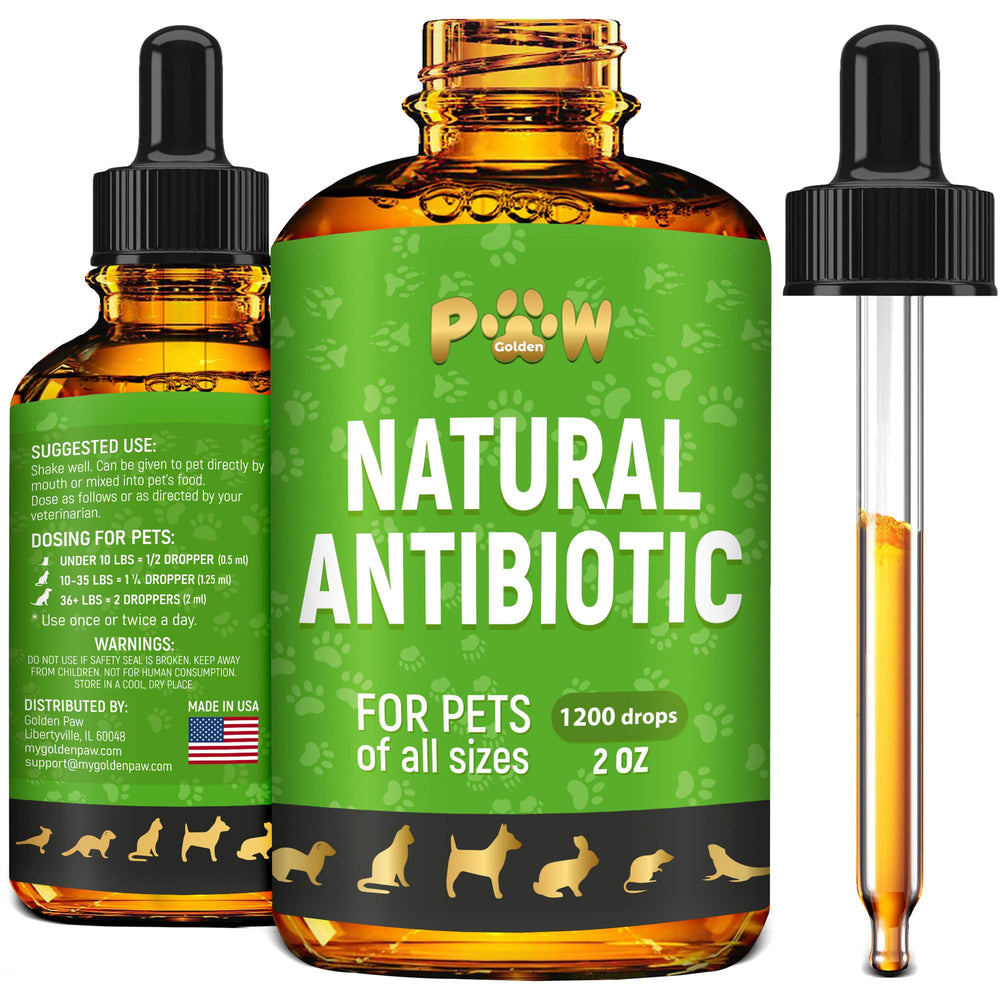 Golden Paw antibiotiques, bouteille gouttes pratiques pour chiens et chats, administration facile.