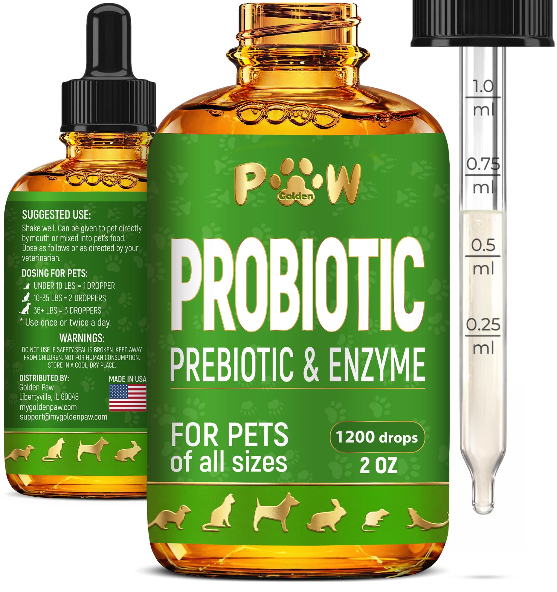 Golden Paw probiotiques liquides, bouteille prête à l’emploi pour chiens et chats.