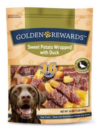 Golden Rewards friandise canard et patate douce enveloppée, récompense idéale pour chien.