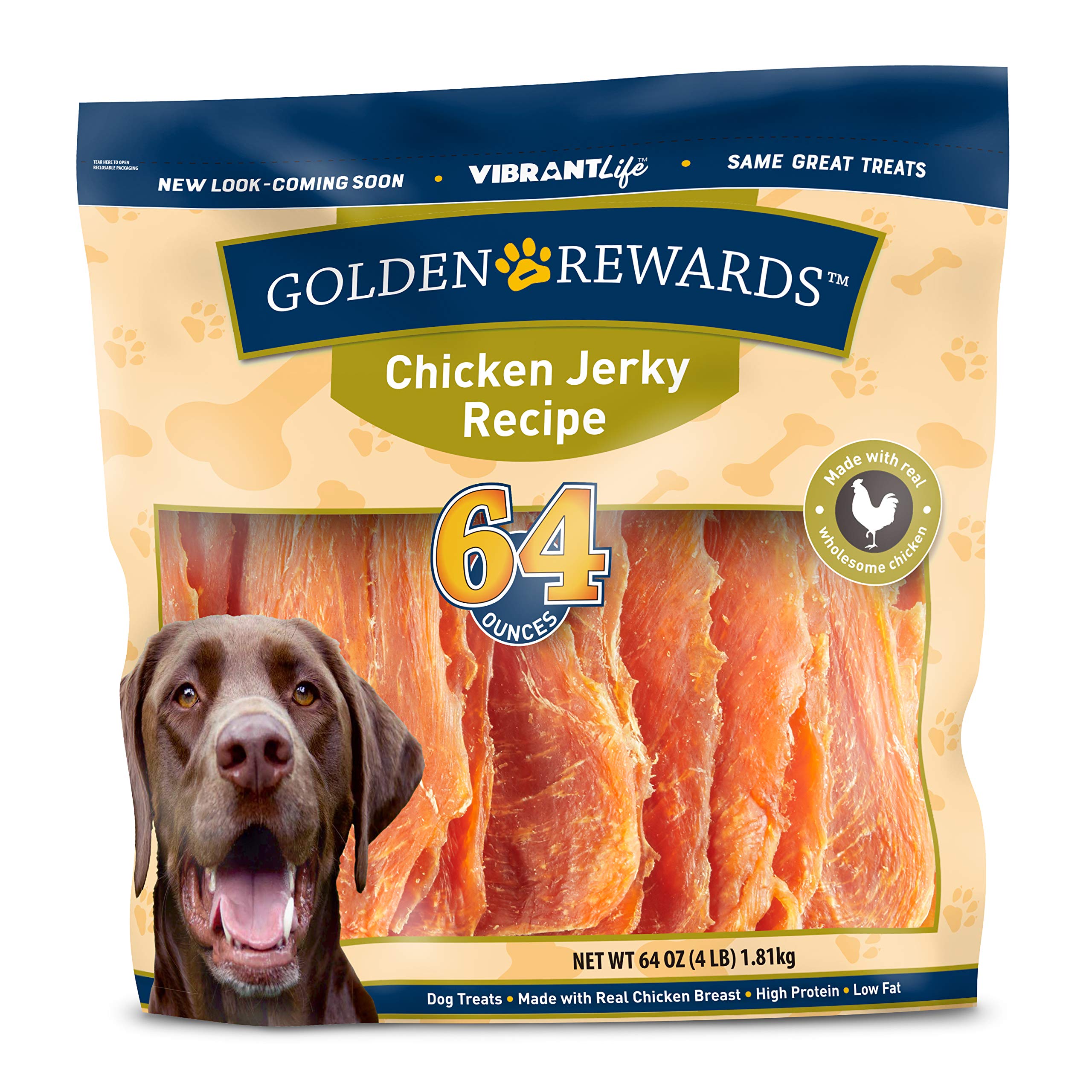 Golden Rewards jerky poulet 64oz paquet, collation protéinée pour chiens actifs.