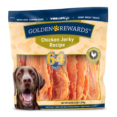 Golden Rewards jerky poulet 64oz paquet, collation protéinée pour chiens actifs.