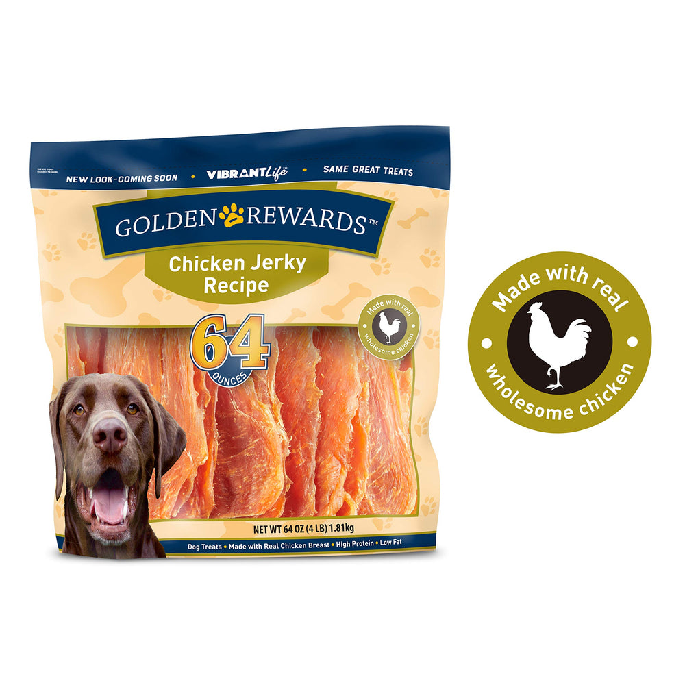Emballage Golden Rewards jerky poulet sans additifs artificiels et conservateurs.
