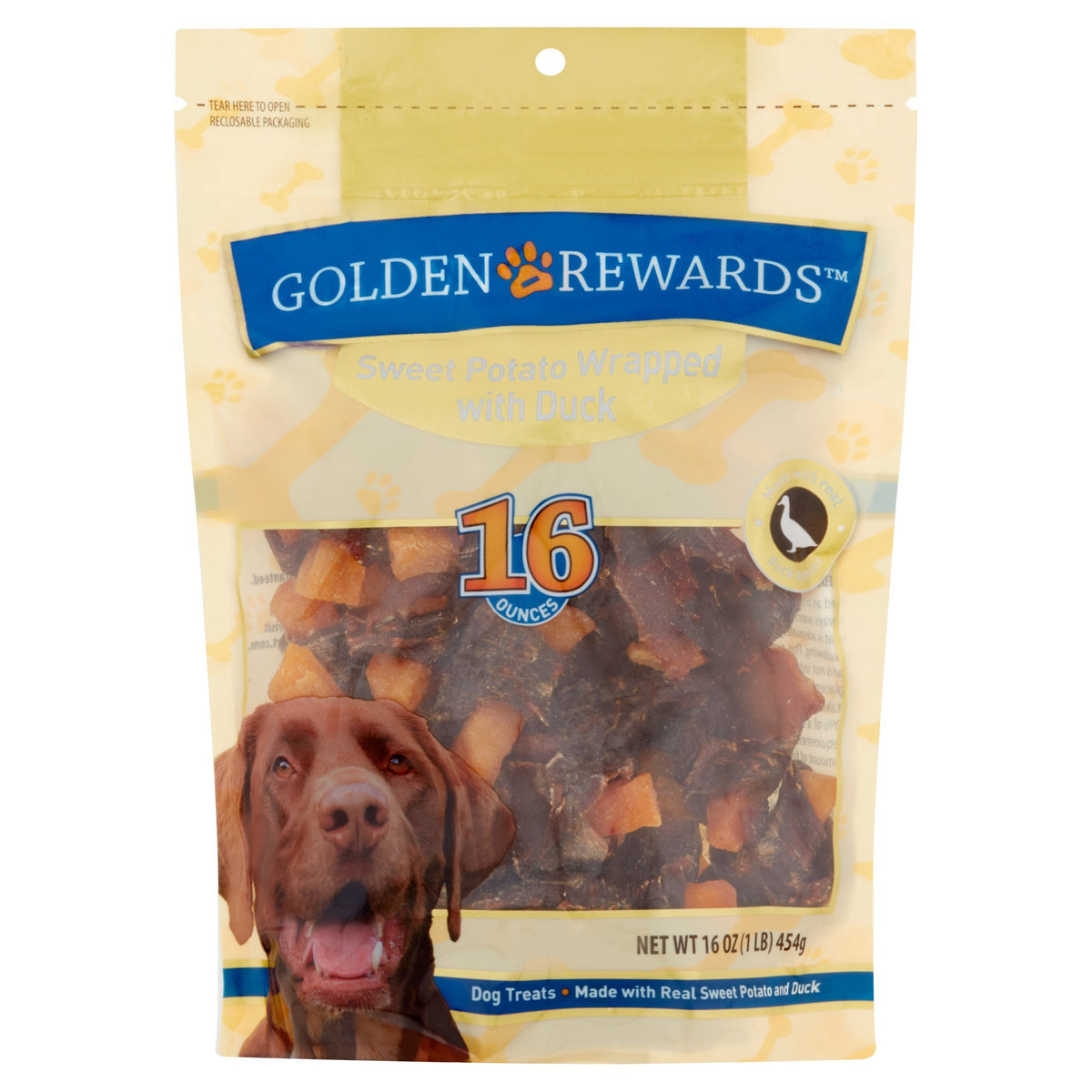 Friandise Golden Rewards patate douce enrobee au canard, idéale pour récompenser votre chien.