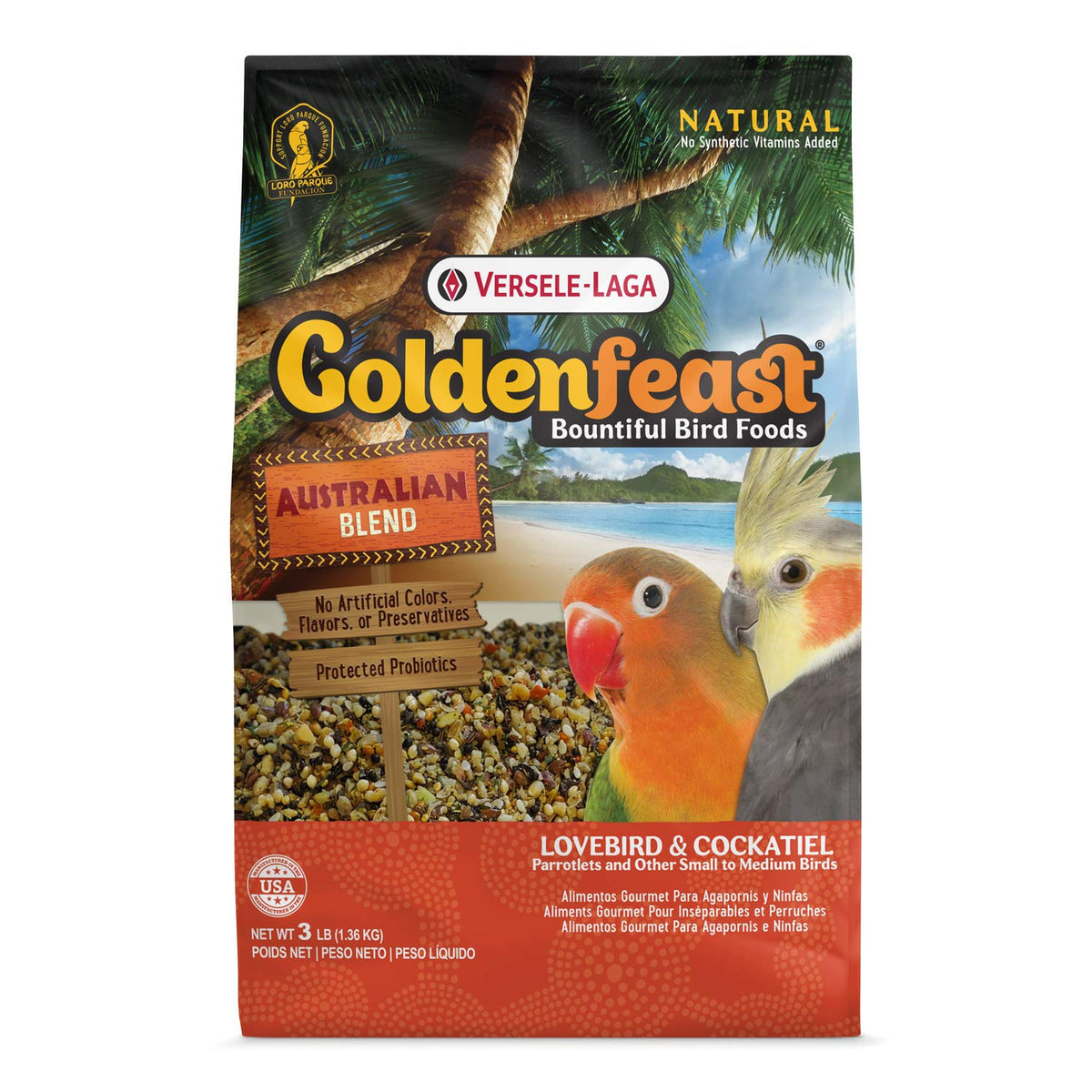 Goldenfeast VL Australian Blend sac de 3 lb, nourriture adaptée pour petits et moyens oiseaux.