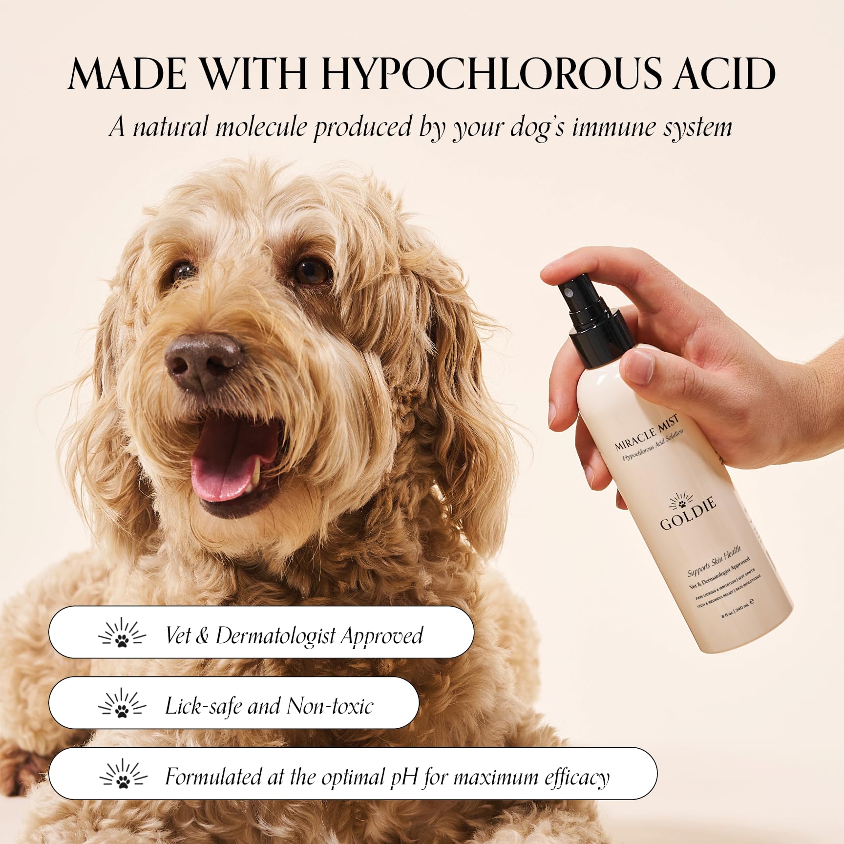 Goldie Dog Essentials Miracle Mist – application sur zone irritée, peut aider à calmer les démangeaisons.