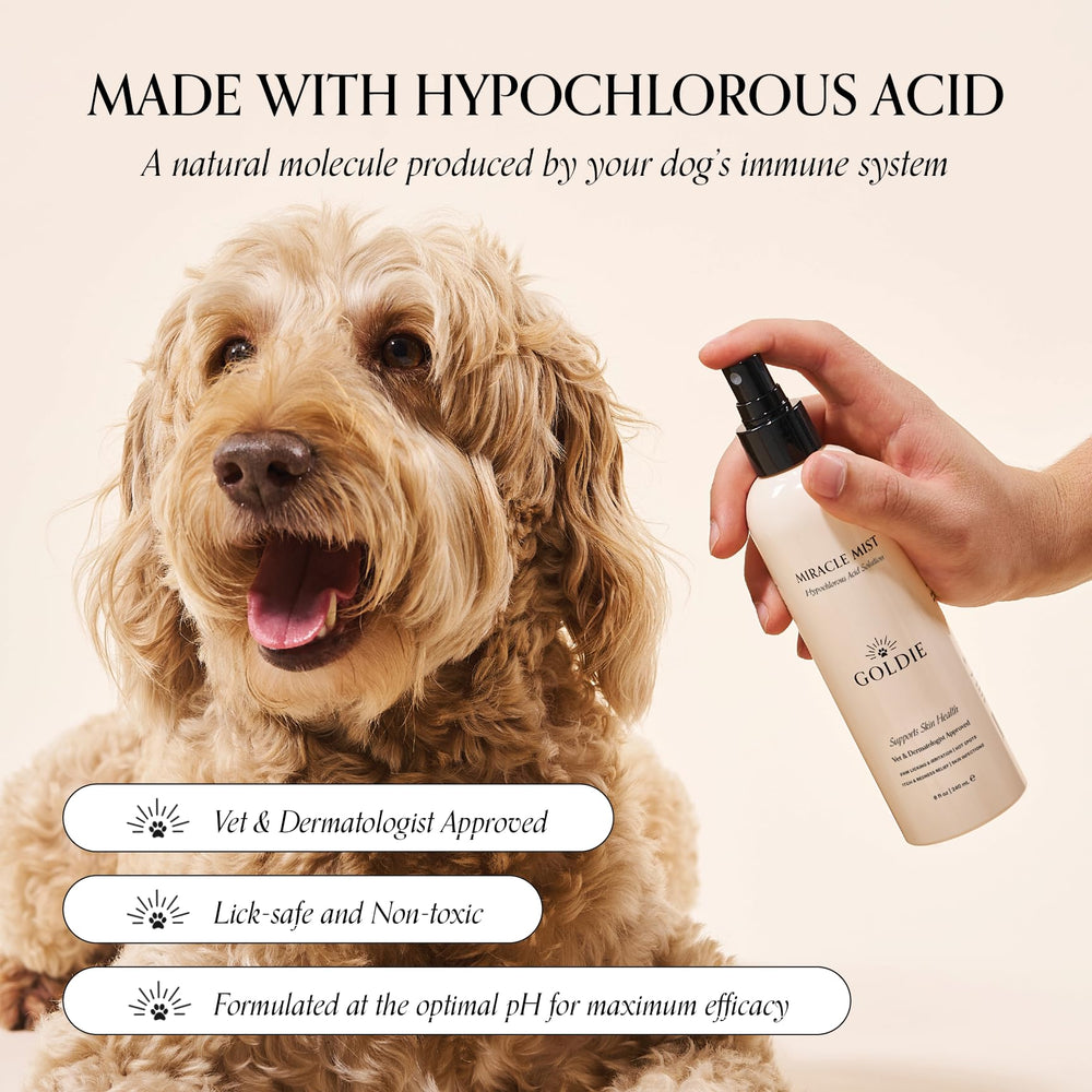 Goldie Dog Essentials Miracle Mist – application sur zone irritée, peut aider à calmer les démangeaisons.