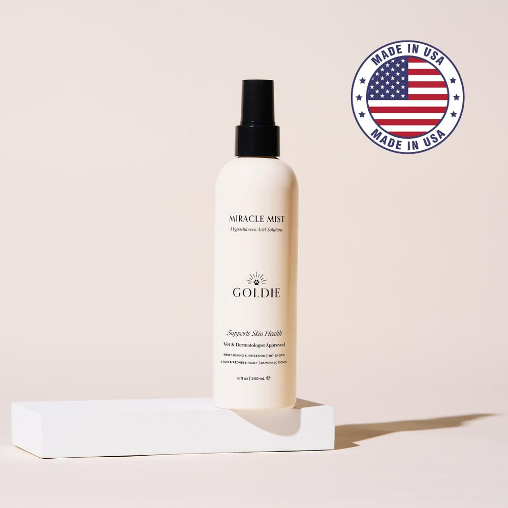 Goldie Dog Essentials Miracle Mist – étiquette claire et utilisation simple après les promenades.