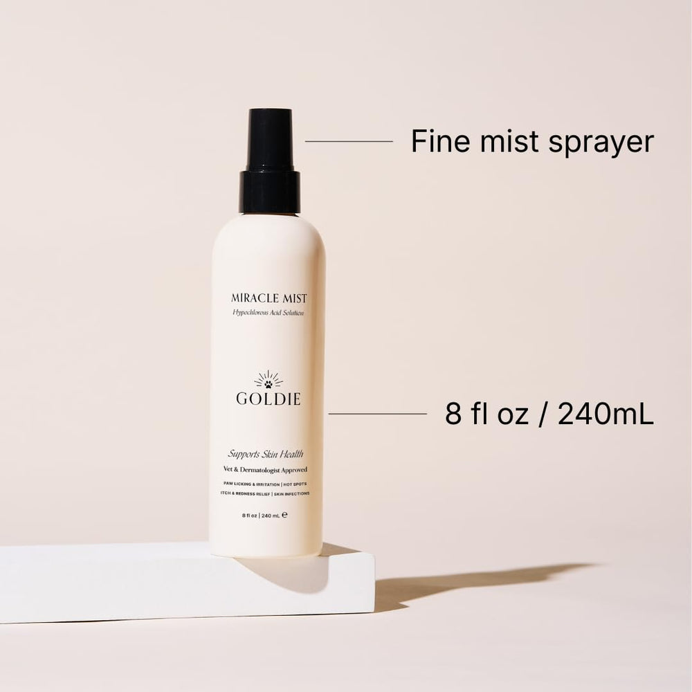 Goldie Dog Essentials Miracle Mist – flacon américain, formulation sûre en cas de léchage occasionnel.
