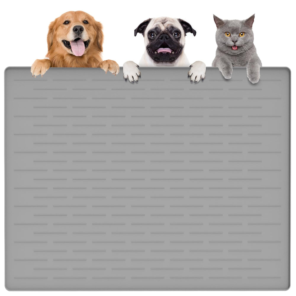Goldleaf tapis alimentation animaux XXL, vue d'ensemble gris-blanc, protège le sol lors des repas.