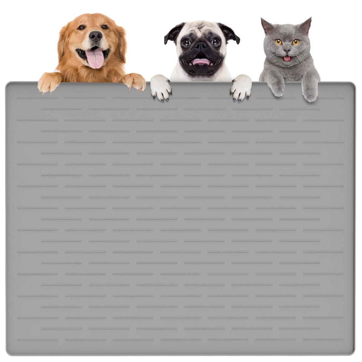 Goldleaf tapis alimentation animaux XXL, vue d'ensemble gris-blanc, protège le sol lors des repas.