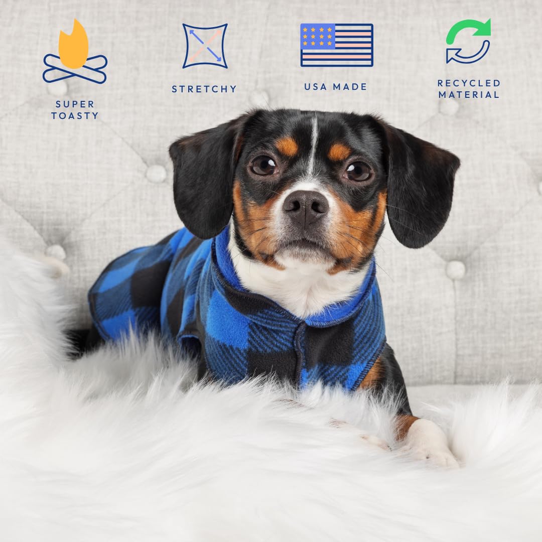 Goldpaw Duluth pull-chien bleu plaid, vue dos, coupe adaptée pour grand chien.