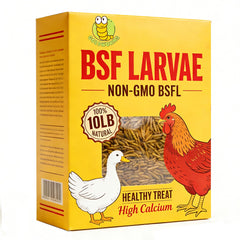 GOLDWORMS larves noires séchées 10 lb, emballage pratique pour éleveurs de volailles.